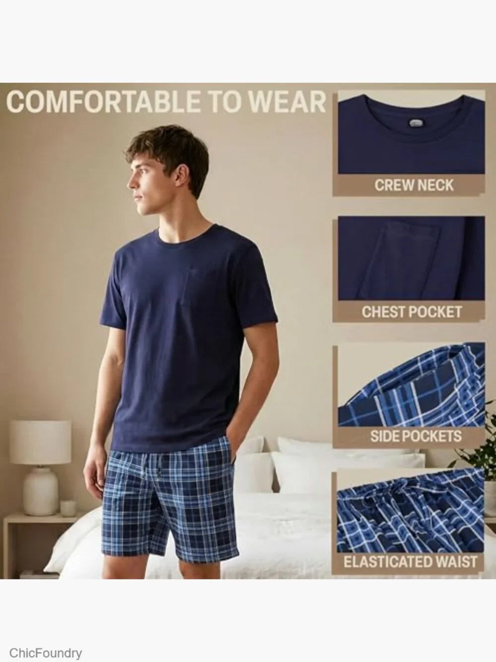 Men's Cotton Pajama Set with Pockets, Soft & Breathable Lounge Set
